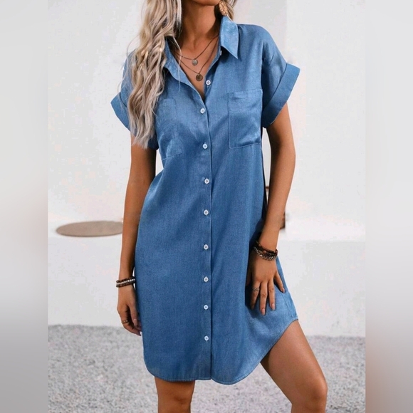 NEW Chic Button Down Shirt Dress Chambray Denim Blue - Picture 2 of 7